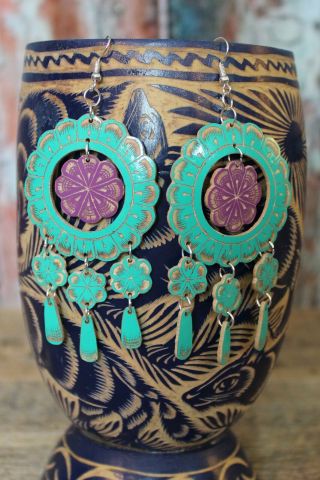 3 Chandelier Earrings Hand Carved Gourd Flowers Mexico Folk Art Oaxaca Pinotepa