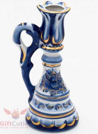 Gzhel Porcelain Candle Stick Holder Hand Painted & Gold Plated Гжель