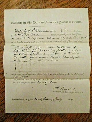 1864 Civil War Sick Leave (wounded) - 3rd York Cavalry - Chamberlain - Petersburg
