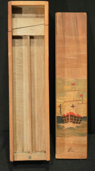Vintage Japanese Two Level Pencil Puzzle Box Sailing Ship Wood Handmade