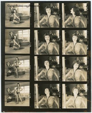 1950s Bunny Yeager Contact Sheet Photograph 12 Frames Brunette Diaphanous Nighty