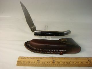 Folding Pocket Knife With Damask Blade And Leather Sheath 7.  5 Inch Rare