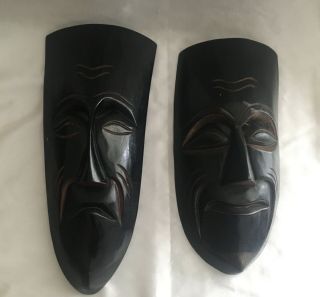 2 Vintage Hawaiian Tiki Room Decor 1970s Hand Carved Wood Comedy/tragedy Masks.
