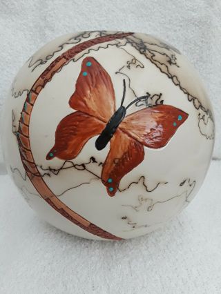 Signed Native American Gina Arrighetti Butterfly Horse Hair Round Pottery Vase