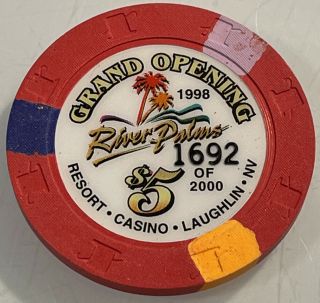 1998 River Palms Grand Opening $5 Casino Chip Laughlin Nevada 3.  99