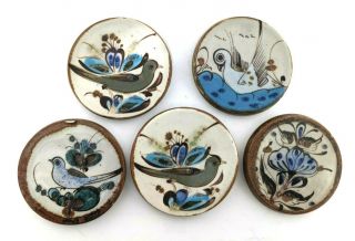 Vintage Mexico Pottery Ken Edwards Coasters Set Of 5 Birds Flowers Blue