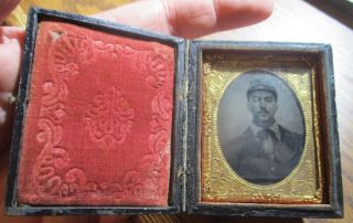 1/9th Plate Cased Tintype Of A Soldier In His Kepi
