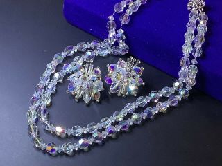 Signed Hobe’ Crystal Necklace Vendome Crystal Cluster Earrings N16”17” Vintage