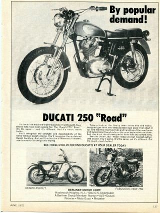 1972 Print Ad Of Ducati 250 Road Motorcycle Desmo 450 R/t,  Fabulous 750