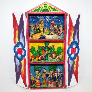 Peruvian Retablo Folk Art 3 Level Diorama Nativity Apple Cactus Farmer Musicians