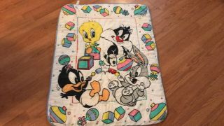 Vtg Baby Looney Tunes Gerber Crib Blanket 1993 Tweety Sylvester Daffy Bugs Quilt