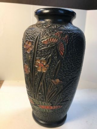Vintage Tokanabe Ware Pottery Vase Japanese Art Deco Black Butterflies Flowers