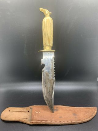 Vintage Native Style Hand Carved Primitive Knife With Antler Stag Bone Handle