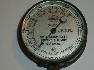 Vintage Airco Brass Oxygen Gauge 3 7/8 " Dia,  1 3/4 " Thick