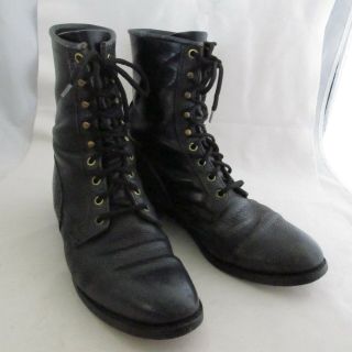 Vintage Justin Black Pebble Leather Western Style Lace Up Roper Boots Size 9 D