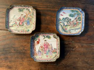 Three Chinese Coaster Dish Jewelry Tray Hand Painted Enamel On Copper Vintage