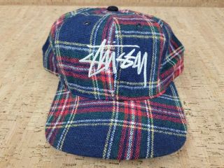 Rare Vintage 1990s Stussy Logo Snap Back Hat Red Plaid Cap Made In Usa
