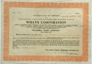 Willys Corporation 1921 Stock Certificate Jeep Manufacturer