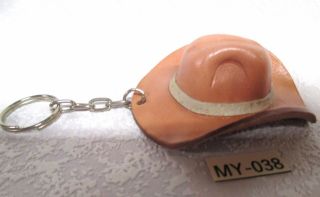 Vintage Hand Made & Shaped Real Leather Tan Cowboy Hat Key Chain With Ring
