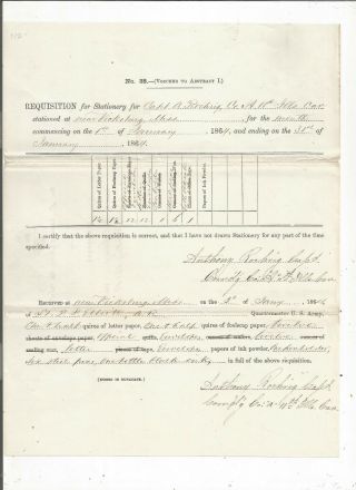 1864 Civil War Document,  11th Cavalry Of Illinois Requsition In Vicksburg