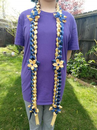 Graduation lei,  handmade with 2 color of satin ribbons in navy blue and gold 3