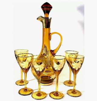 Cordial Set Of 7 Decanter & 6 Glasses Gold Floral Designs Romania Vintage Gold