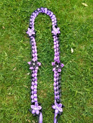 Graduation Lei,  Handmade With 2 Color Of Satin Ribbons In Black And Purple