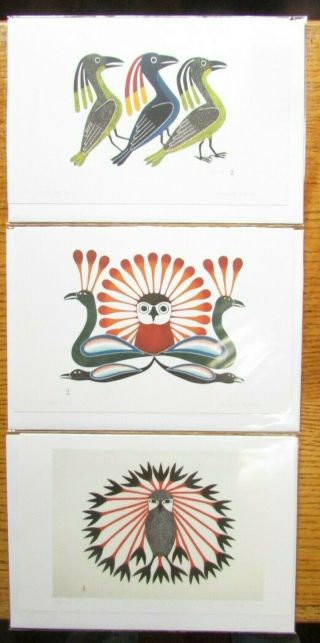3 Loon & Owl Art Cards 6 " X 9 " By Inuit Artist Kenojuak Ashevak