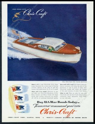 1945 Chris - Craft Custom Sportsman Boat Color Art Vintage Print Ad