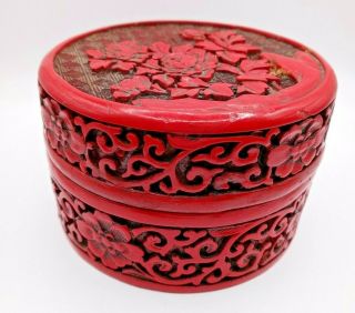 Vintage Large Round Carved - Chinese Cinnabar Box - Red