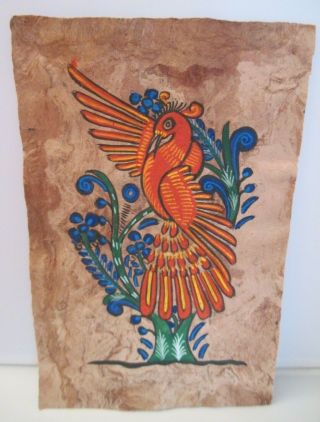 Mexican Folk Art Amate Red Bird In Blue Tree Bark Painting 12 " X7.  5 "