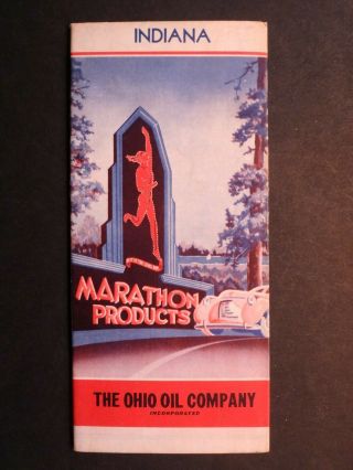 1930s Era Road Map Of Indiana From Marathon Oil Company Of Ohio
