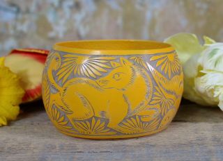 Xl Size Yellow Bangle Bracelet Hand Carved Gourd Fox & Rabbits Mexican Folk Art