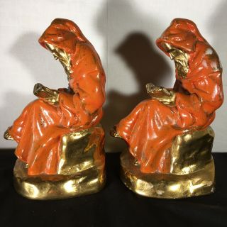 Brass Bookends Reading Monks Red Habits Gilded 1950s Metal Painted Vintage Pair 2
