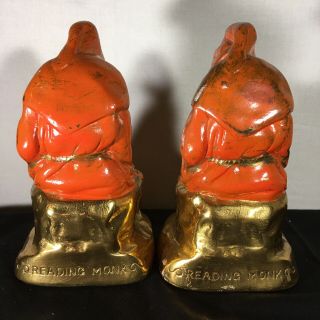 Brass Bookends Reading Monks Red Habits Gilded 1950s Metal Painted Vintage Pair 3