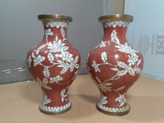Outstanding Vintage,  Old Pair Asian,  Chinese Enamel On Brass Vases Cloisonne