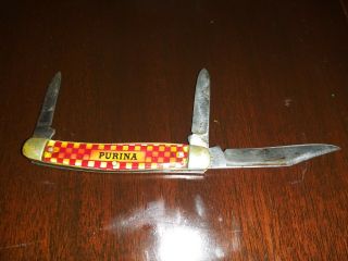 Vintage Usa Kutmaster Utica Ny Purina Checkerboard 3 Blade Pocket Knife