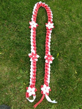 Graduation Lei,  Handmade With 2 Color Of Satin Ribbons In Red And White