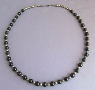 Vintage Long Old Pawn Sterling Coned Onyx Ball Bead Necklace 23 "