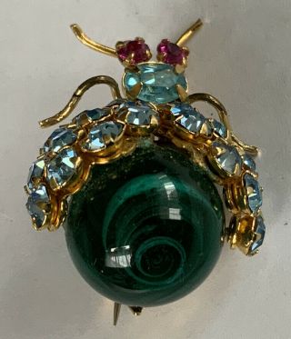 Rare Vintage Gold Fashion Blue Rhinestone Jelly Belly Bee Brooch Ce142