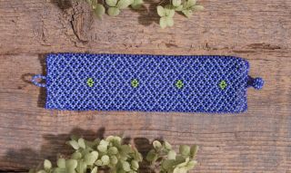Huichol Indian Beaded Geometric Shades of Blue & Lime Bracelet Mexican Folk Art 2