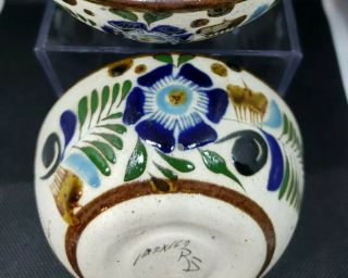 2 - Vintage Tonala Art Pottery Bowls Clay Mexico Blue Flower Green Leaves Birds