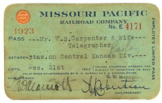 1923 Missouri Pacific Railroad Co.  Railway Employee Limited Pass Ticket Card