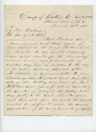1864 Civil War Soliders Letter 3rd Ny Artillery To Governor Of York [fp.  229]