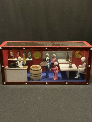 Bar/restaurant Scene.  ￼mexican Day Of The Dead Shadow Box Diorama Folk Art