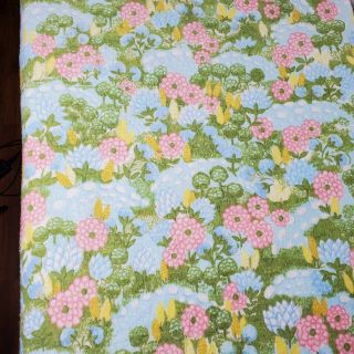 Vintage Chatham Acrylic Satin Trim Blanket Wild Flowers Twin Full Green Blue 2