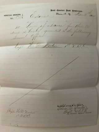1864 Civil War Special Order Leave Of Absence Grant To Capt.  Norton
