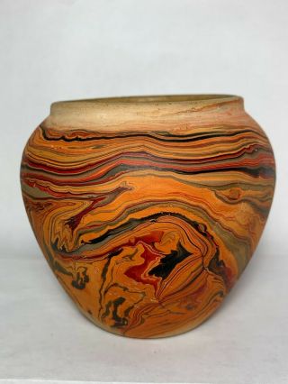 Vtg.  Nemadji Indian Pottery Native Clay Swirl Reds Oranges Cream Black 202 Usa
