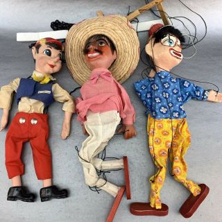 3 X Vintage Folk Art Mexican String Puppets Marionettes Pinocchio Man