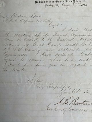 Civil War Letter - Col.  Nelson Bartram To Capt.  Frederic Speed - Louisiana